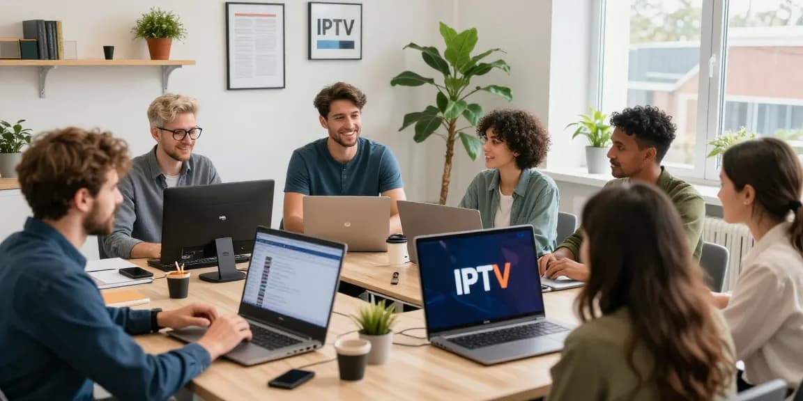 IPTV reseller UK: Trusted local service provider discussing options with clients in a community-focused office.