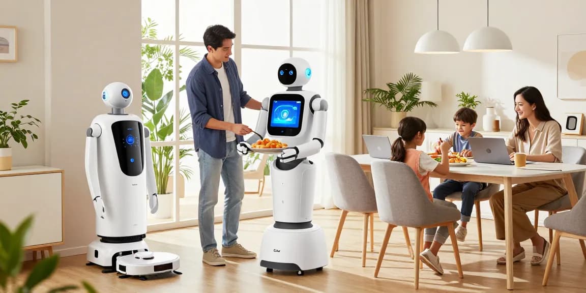 Home robot 2026 assisting a family with chores in a modern smart home, showcasing innovative technology.