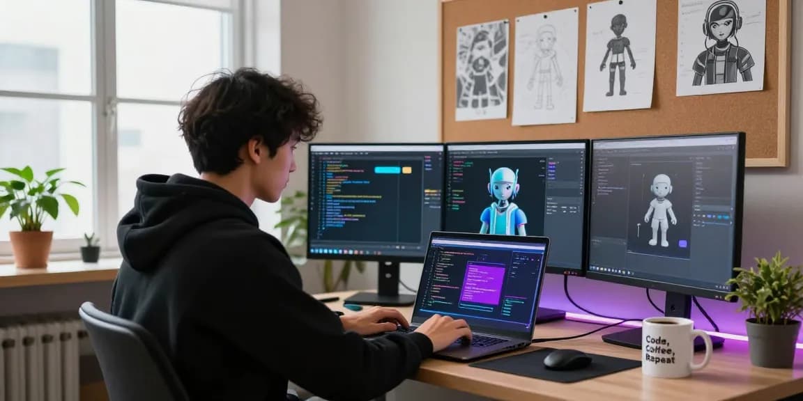 NSFW AI development workspace, coding vibrant characters and interfaces.