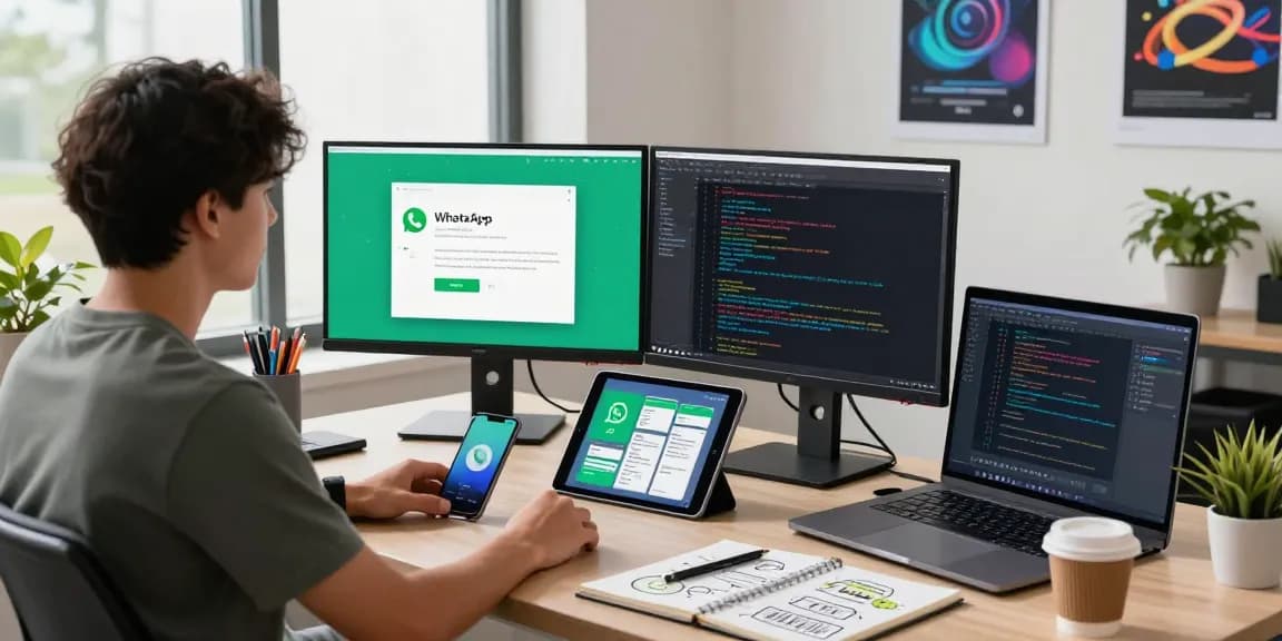 Professional workspace showcasing WhatsApp下載 application designs on dual monitors with a modern tech atmosphere.