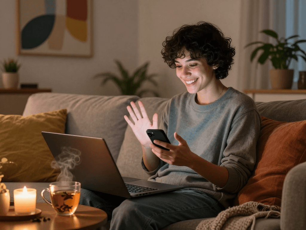 AI sex chat conversation in a cozy setting with warm lighting and a person smiling on a couch.