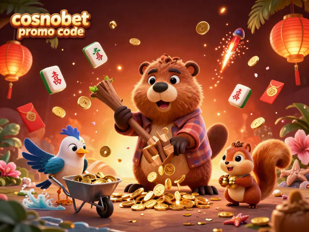 Engage with cosmobet promo code for a chance to win; vibrant 3D cartoon scene full of gold coins and casino elements.