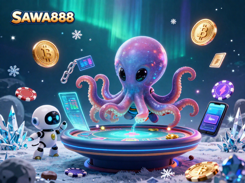 Experience thrilling gameplay with SAWA888's vibrant cosmic casino scene featuring an alien octopus gaming.