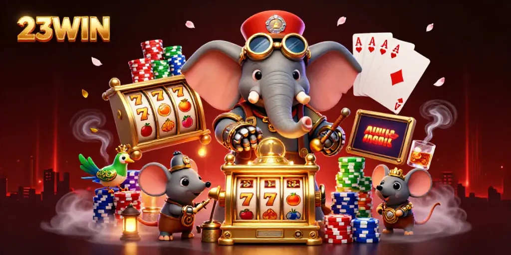 Experience thrilling gameplay at 23WIN with a vibrant slot machine action scene.