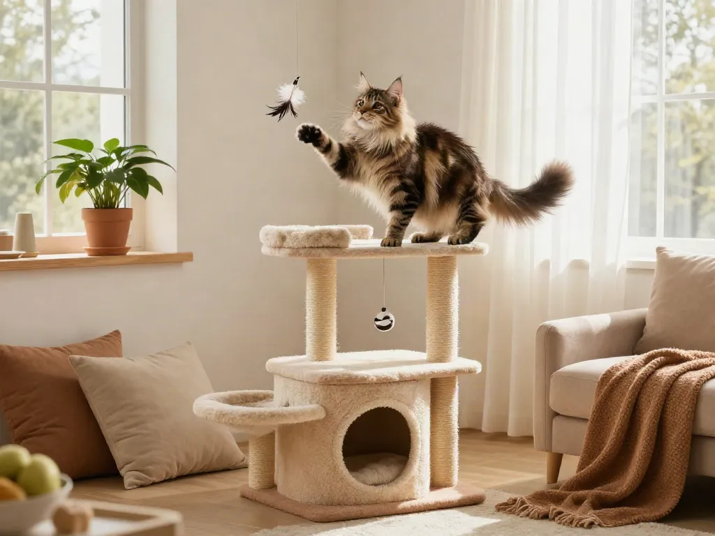 Cat tree with a playful Maine Coon cat enjoying its stylish features in a sunny living room.