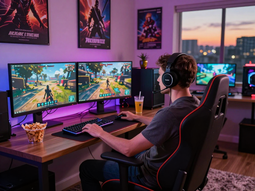 Adult game enthusiast enjoying immersive gaming experience at home
