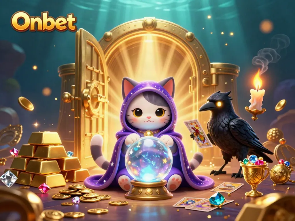 Play slots and win big with Onbet's enchanting casino scene featuring a mystic cat and fortune elements.