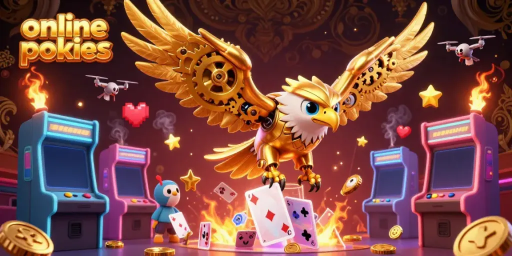 Experience winning thrills with online pokies featuring a golden eagle amidst dazzling game elements.