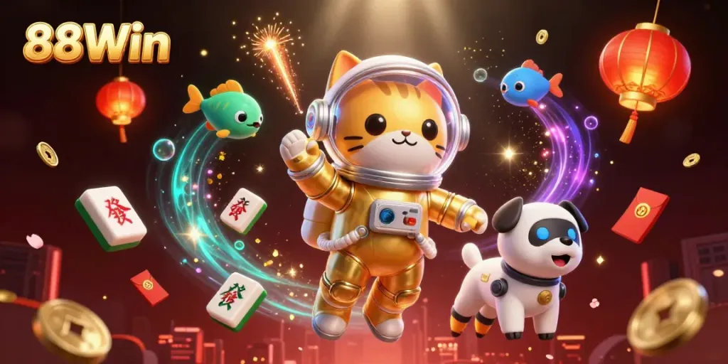 Experience excitement at 88Win with a vibrant 3D illustration of an astronaut cat amidst casino-themed visuals.