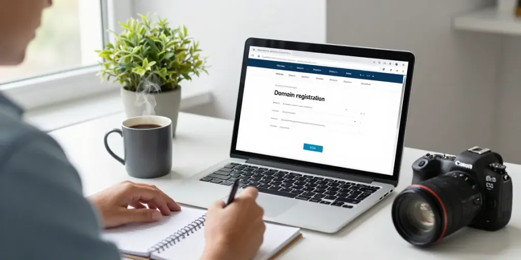 Register .co.uk domain name with a professional in a bright office setting.