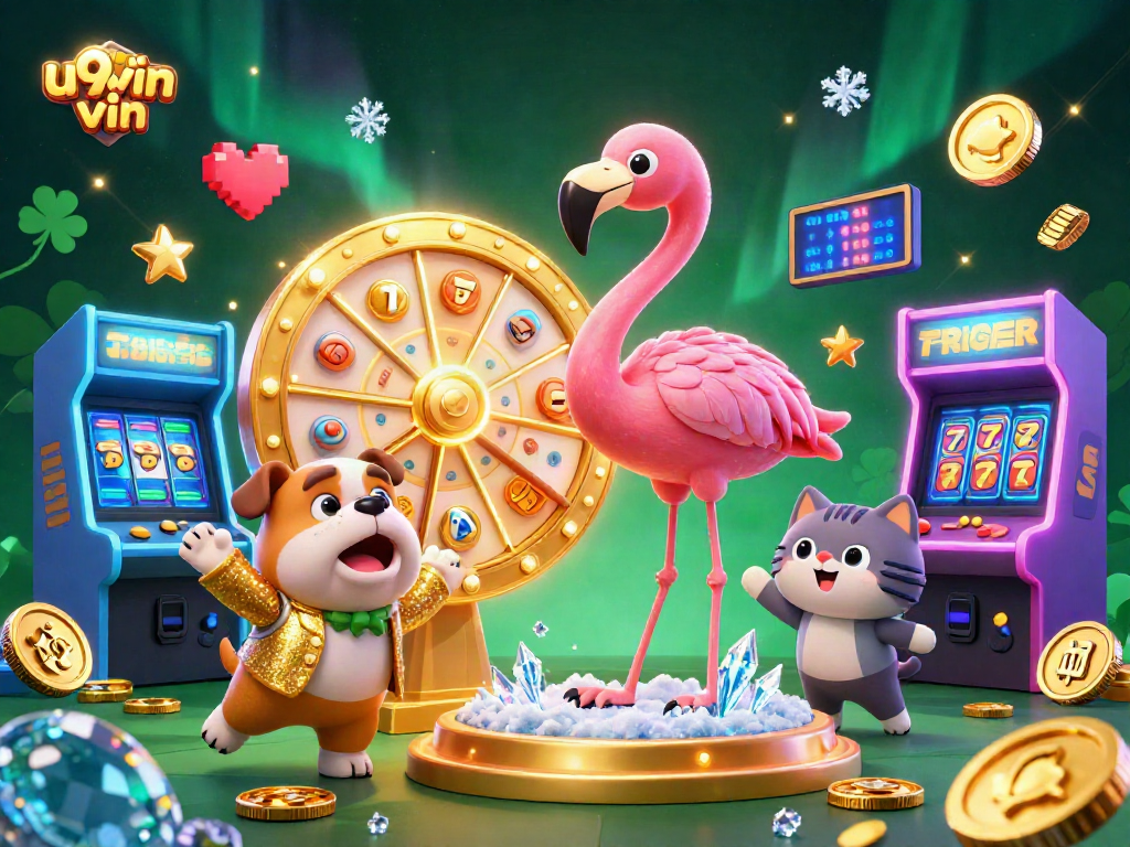 A dynamic illustration of u9win vin showcasing a flamingo game show host with casino elements, exciting prizes, and colorful gaming machines.