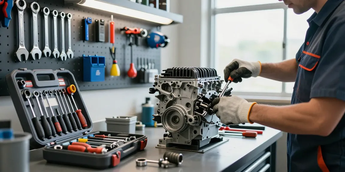 Mechanic using hazet tools in an automotive workshop to assemble an engine.