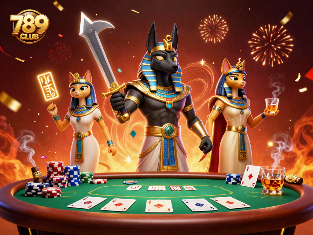 Engage in 789CLUB's vibrant gameplay featuring Anubis and Bastet amidst an electrifying casino atmosphere.