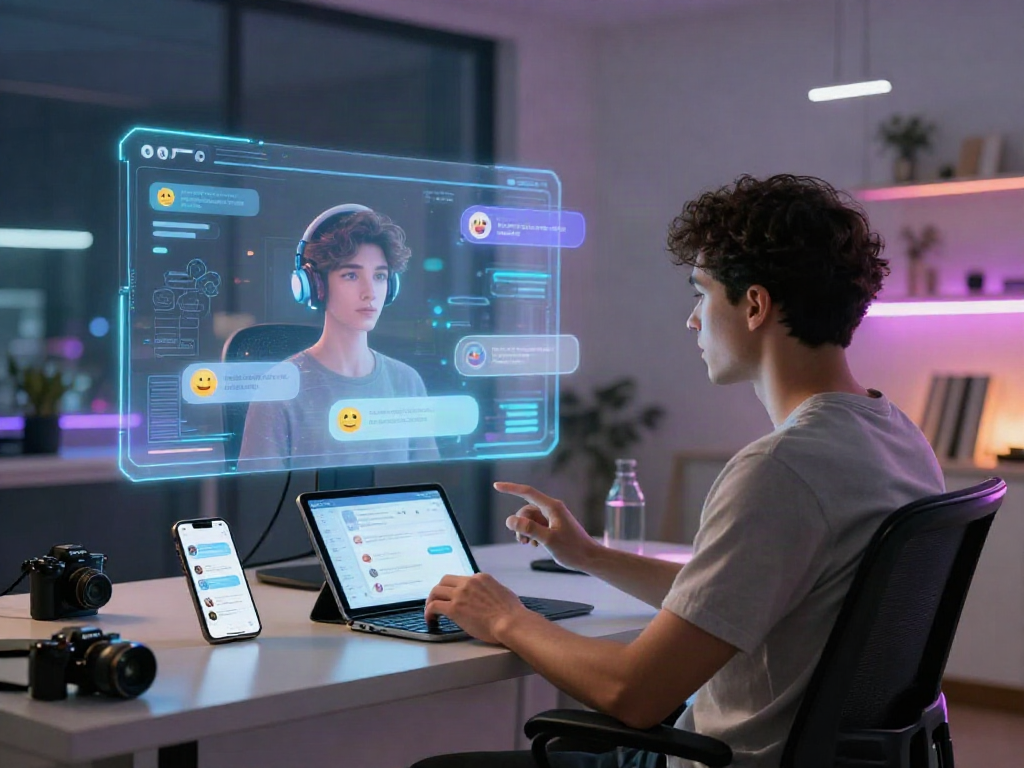 Engaging in innovative ai sex chat interaction with holographic elements in a modern digital space.