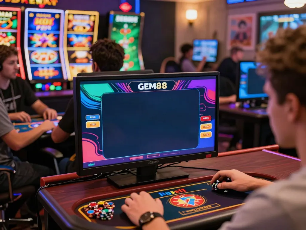 Engaging online gaming scene with players using nhà cái gem88 interface, showcasing vibrant digital casino excitement.