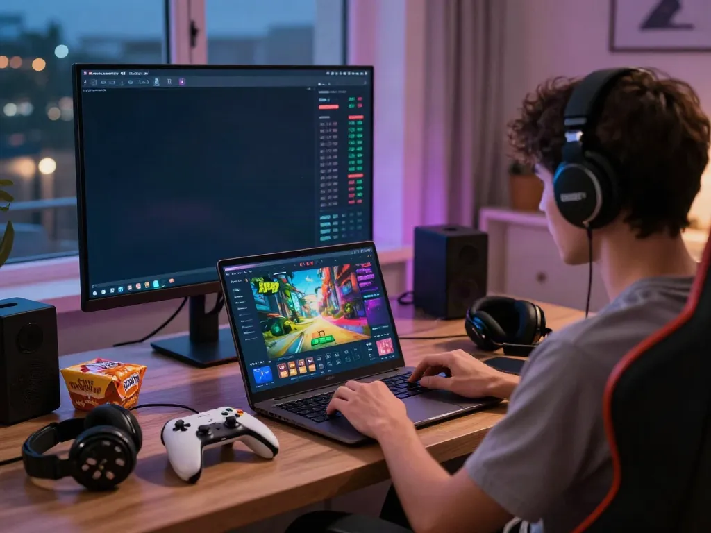 Engaged user on the DEBET platform, vibrant online gaming atmosphere with accessories.