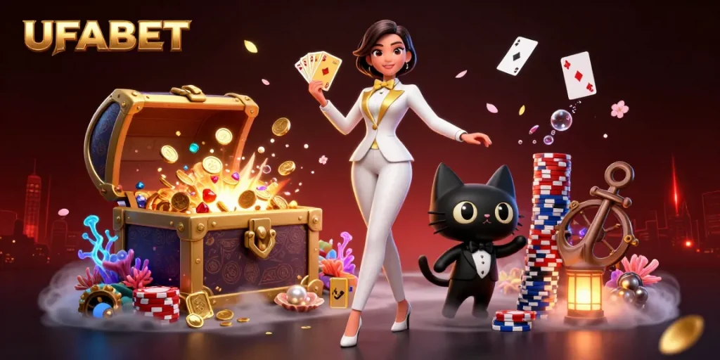 Experience the thrill of UFABET while playing cards with a glamorous dealer in a vibrant casino scene.