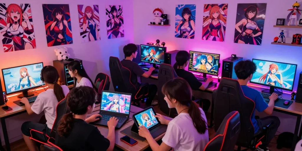 A group of friends enjoying a thrilling hentai game in a colorful gaming lounge.