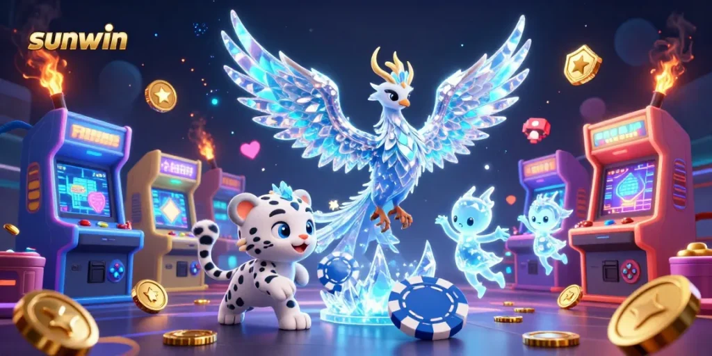 Experience thrilling adventures with sunwin as vibrant characters play among glowing casino elements