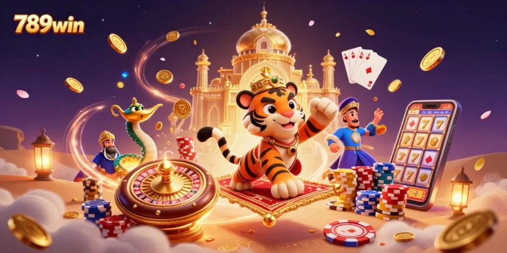Play at 789win with a vibrant 3D casino scene featuring a tiger sultan and magical elements.
