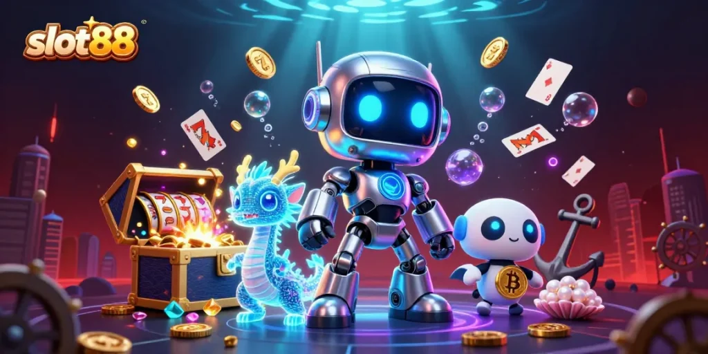 Experience slot88 thrills through an exciting scene with colorful slot reels and vibrant characters.
