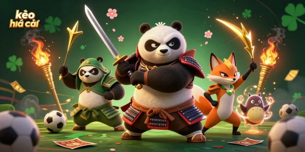 Engage with kèo nhà cái betting strategies through dynamic samurai panda and ninja fox action illustration.
