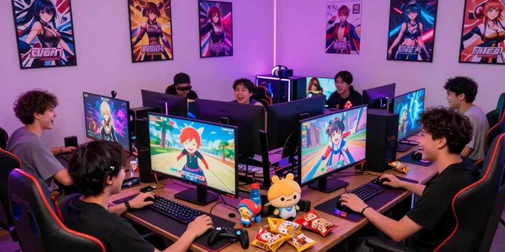 Players enjoying ecchi games in a lively gaming room, colorful and dynamic atmosphere.