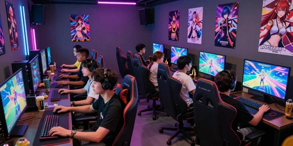 Gamers enjoying ecchi games in a lively gaming lounge with vibrant lights.