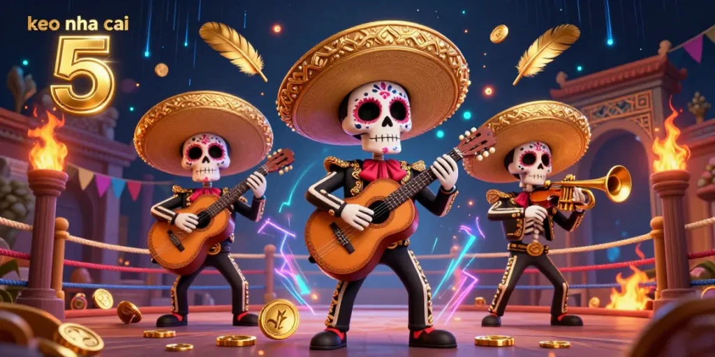 Engage with keo nha cai 5 through this colorful, dynamic illustration showcasing vibrant casino atmosphere with mariachi band and betting elements.