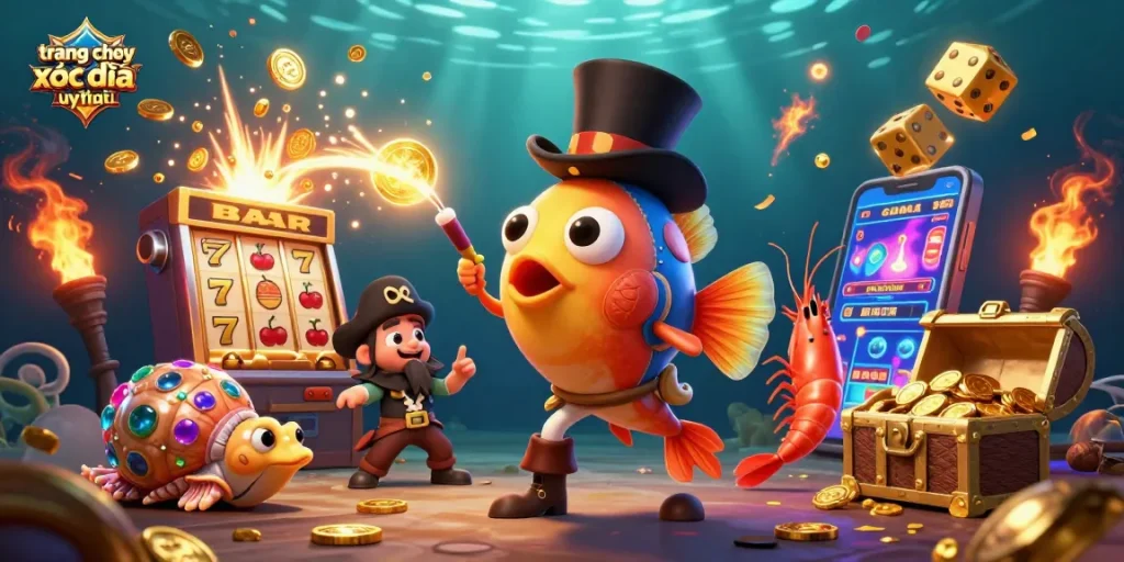 Engage in the fun at "trang chơi xóc đĩa uy tín" with vibrant animated characters celebrating a casino jackpot.