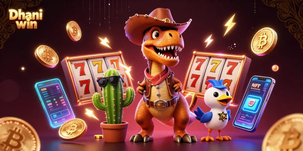 Dive into Dhani win and play exciting slots surrounded by vibrant animated characters and crypto elements