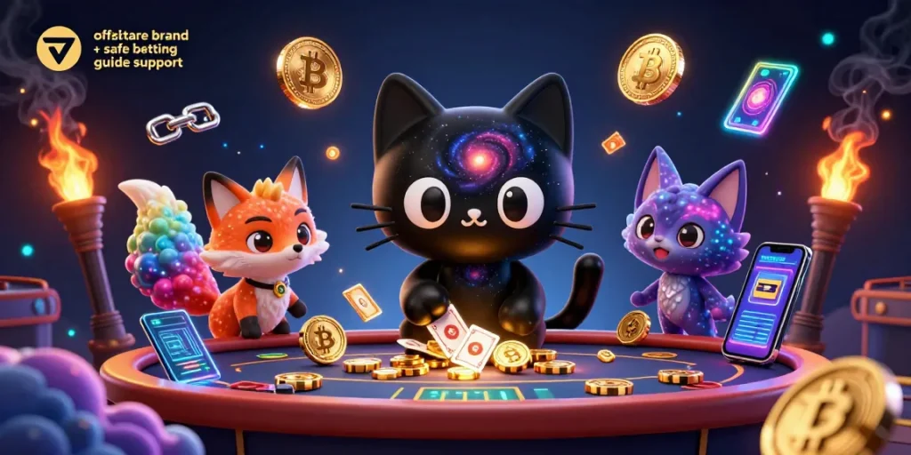 Engaging illustration of a cosmic casino with a black hole cat and nebula fox, showcasing offshore brand + safe betting guide support.