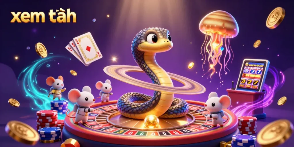Experience the thrilling vibes of xem thêm gaming as astronaut mice bet on Saturn, surrounded by colorful casino elements.