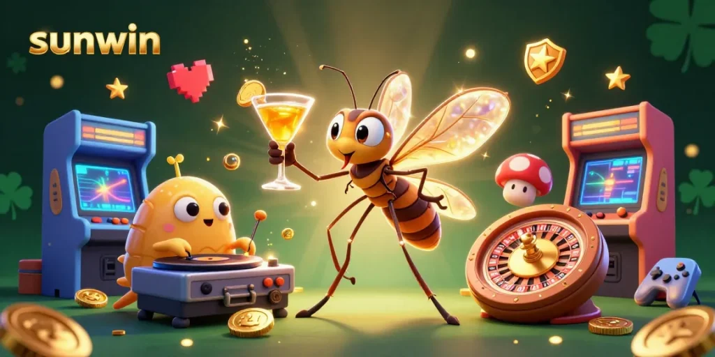 Experience sunwin's vibrant casino ambiance featuring a unique 3D scene with game characters and gaming elements.