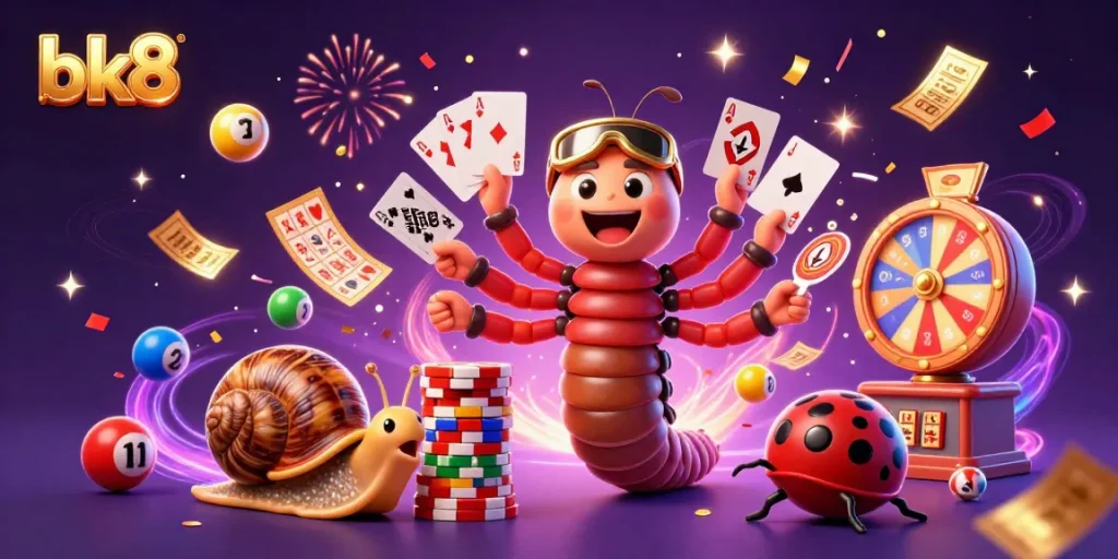 Engage with vibrant lottery elements in bk8's exciting online casino atmosphere filled with cartoon characters.