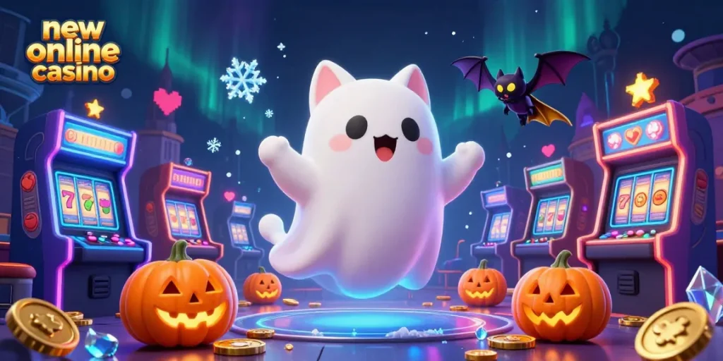 Experience the thrill of a new online casino with a ghost cat and bat companion amidst haunted slot machines.