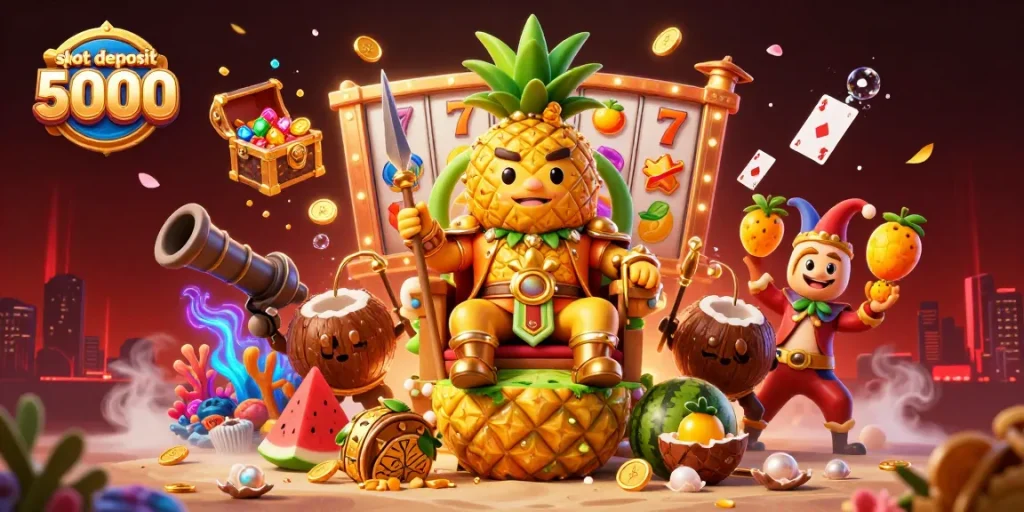 Engage with the vibrant theme of slot deposit 5000 featuring a cartoon pineapple king and treasure-filled coral.