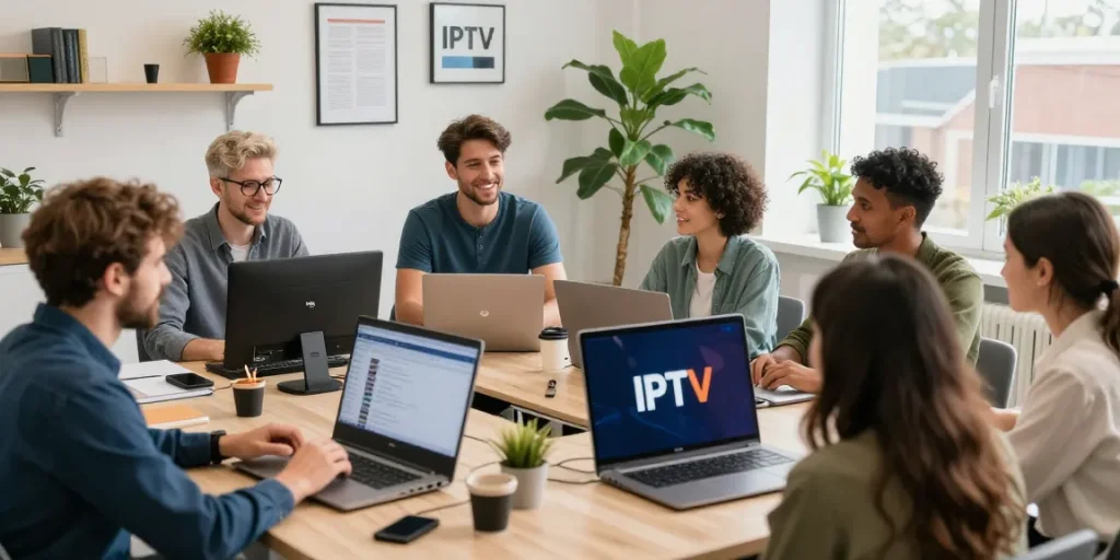 IPTV reseller UK: Trusted local service provider discussing options with clients in a community-focused office.