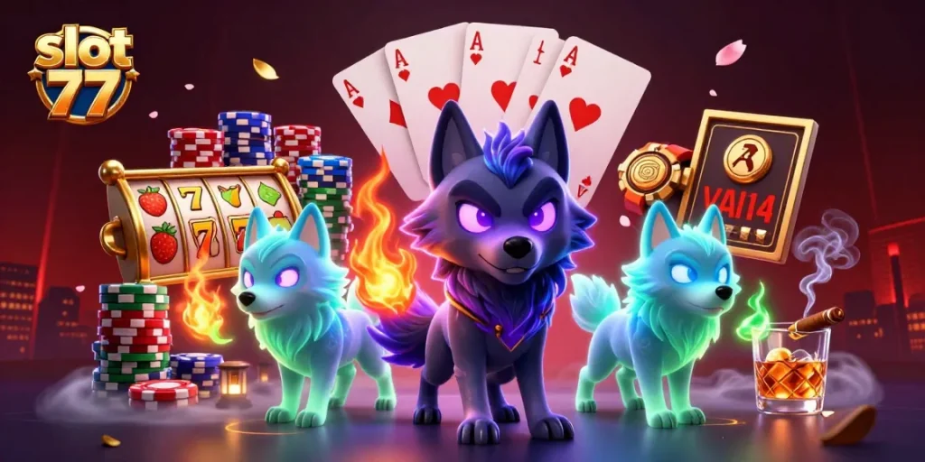 Experience thrilling wins at slot 77 with a dynamic scene of ghostly wolves and slot reels.