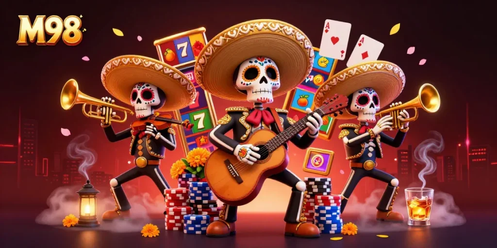 Experience thrilling slots action on M98 with vibrant characters and dynamic gambling elements.