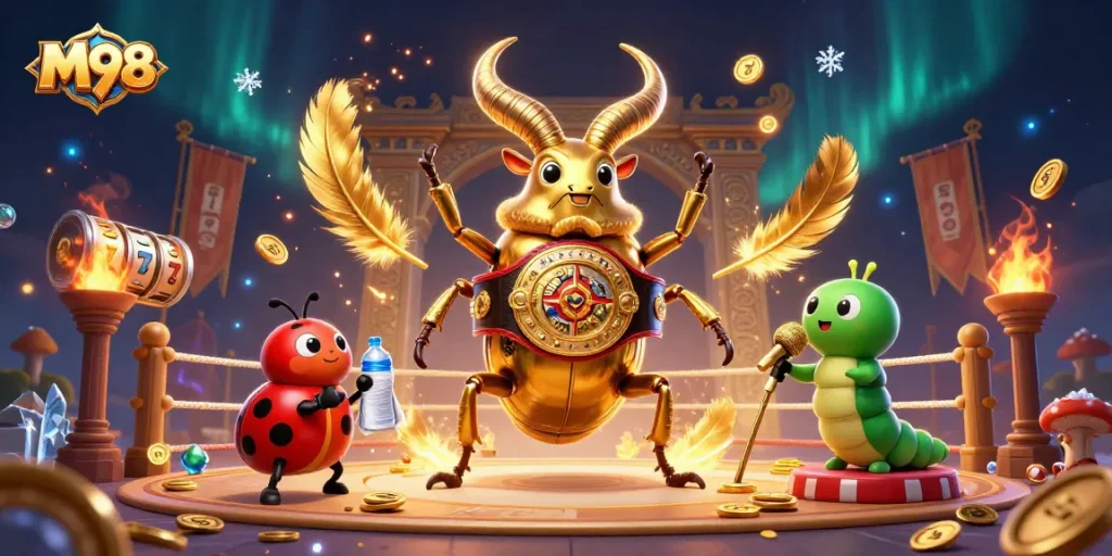 M98 brings the excitement of slots with a vibrant 3D illustration featuring a golden stag beetle champion.