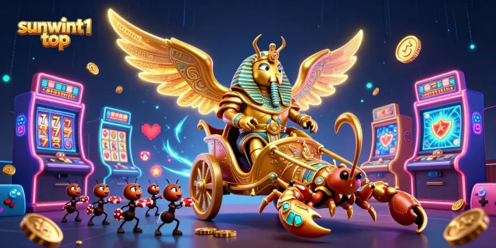Engage with sunwint1 top and win with vibrant slot game designs featuring a colossal golden scarab and scorpion characters.