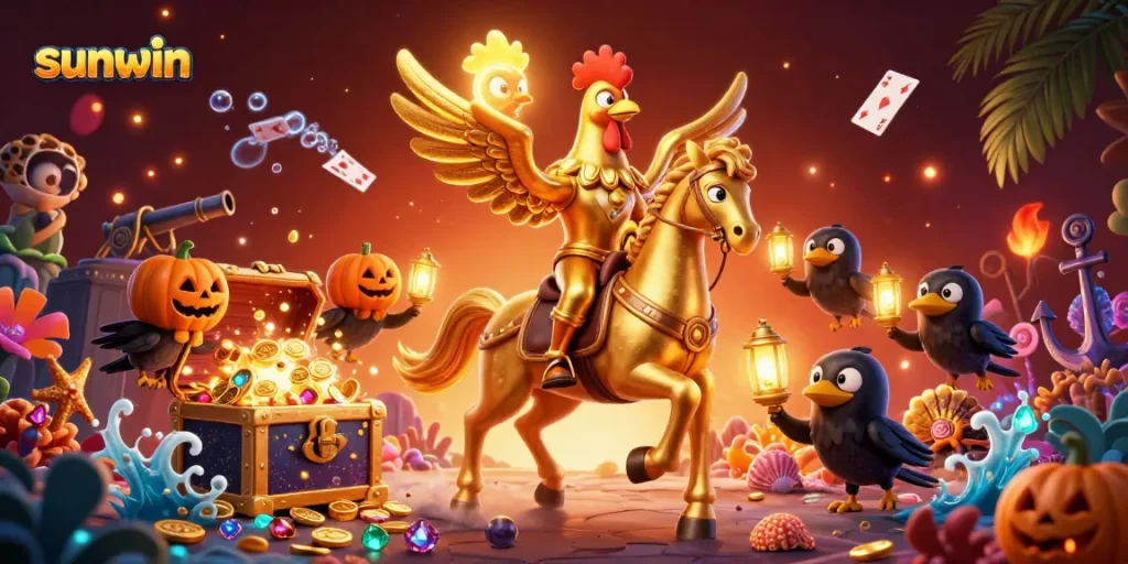 Engage with sunwin's vibrant casino scene featuring a golden rooster in action.